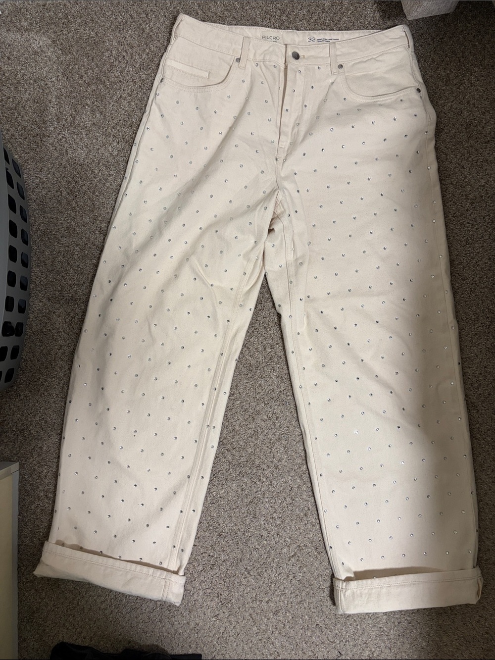 Pilcro Cream Boyfriend Jeans with Silver Studs